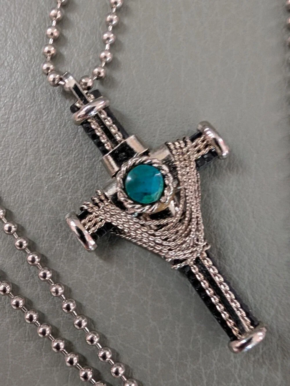 Silver-Tone Men's Cross Pendant Necklace with Teal Stone